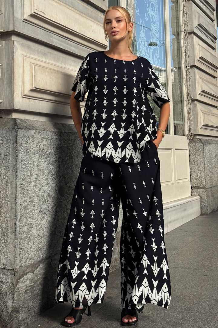 Ecru Bicycle Collar Patterned Blouse and Pants Set BCVL-254002 - Maricopa