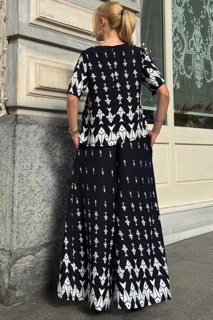 Ecru Bicycle Collar Patterned Blouse and Pants Set BCVL-254002 - Maricopa
