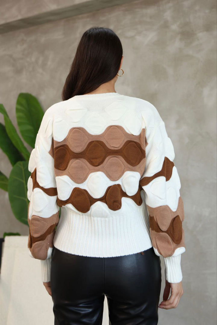 Ecru Bicycle Collar Embossed Patterned Sweater BCES-252034 - Boryslav