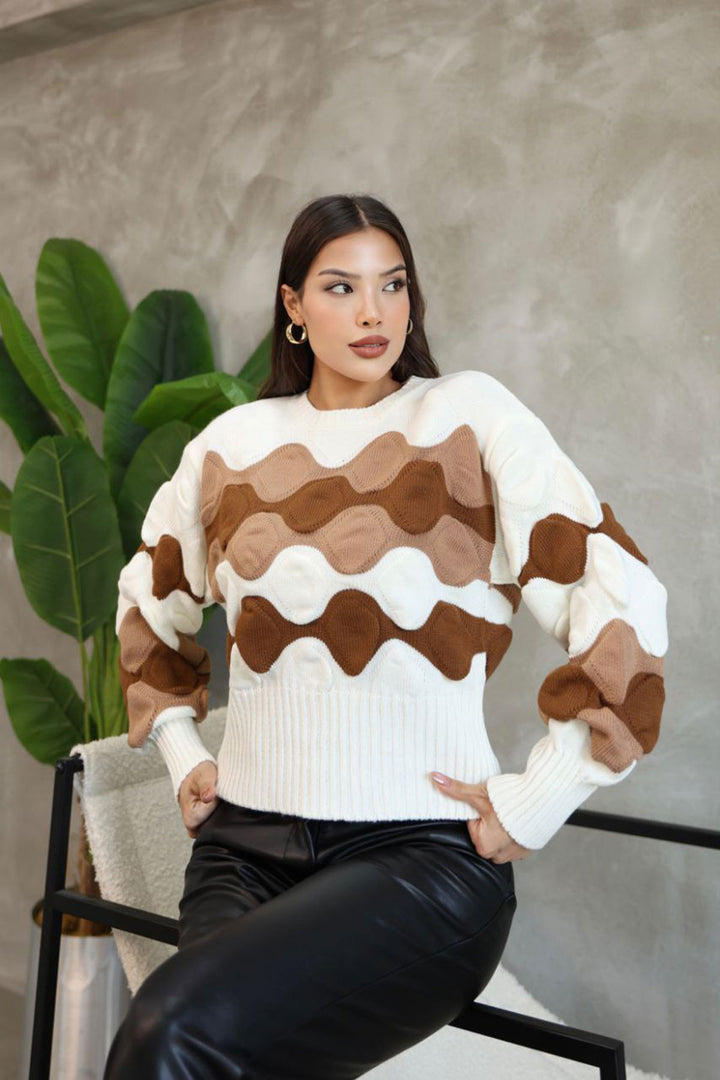 Ecru Bicycle Collar Embossed Patterned Sweater BCES-252034 - Boryslav