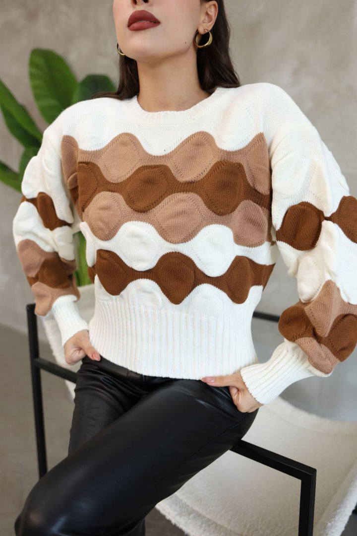 Ecru Bicycle Collar Embossed Patterned Sweater BCES-252034 - Boryslav