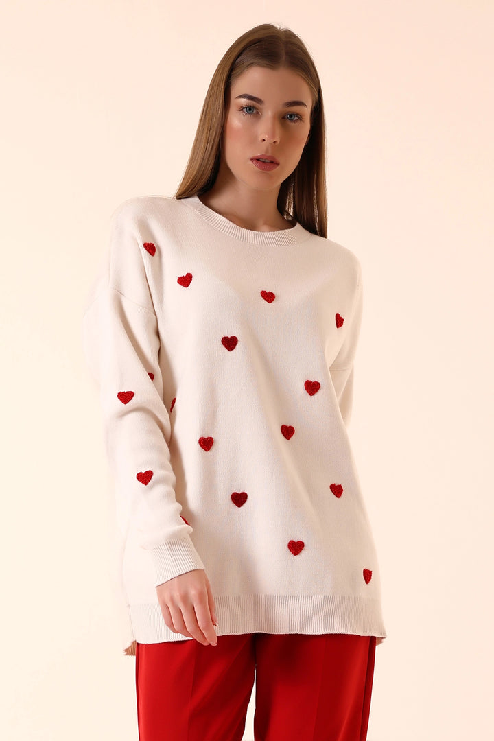 Ecru Bicycle Neck Heart Pattern Winter Knit Sweater BCVL-T243150 - Béziers
