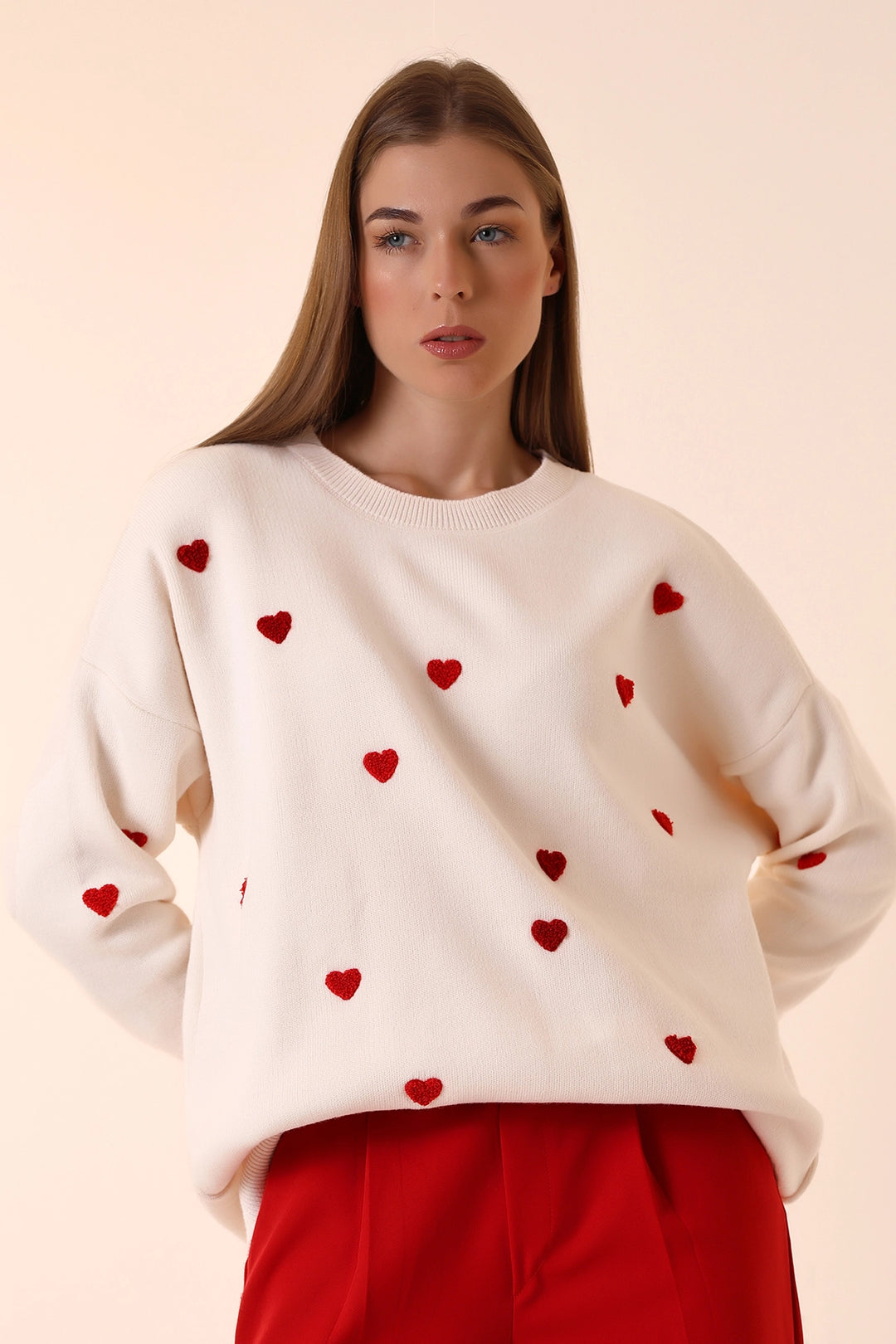 Ecru Bicycle Neck Heart Pattern Winter Knit Sweater BCVL-T243150 - Béziers