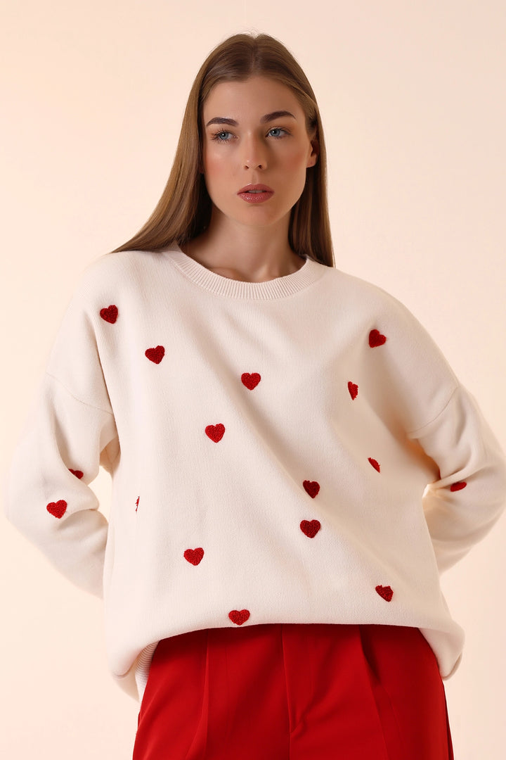 Ecru Bicycle Neck Heart Pattern Winter Knit Sweater BCVL-T243150 - Béziers