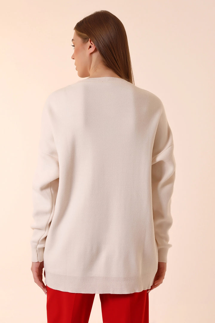 Ecru Bicycle Neck Heart Pattern Winter Knit Sweater BCVL-T243150 - Béziers