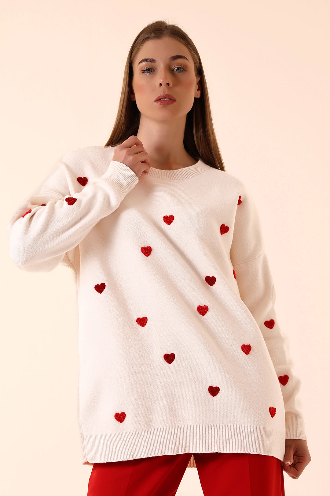 Ecru Bicycle Neck Heart Pattern Winter Knit Sweater BCVL-T243150 - Béziers