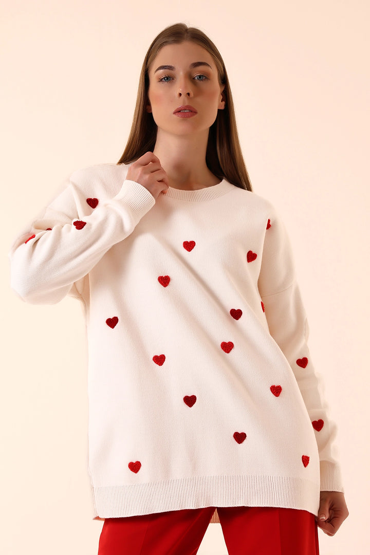 Ecru Bicycle Neck Heart Pattern Winter Knit Sweater BCVL-T243150 - Béziers