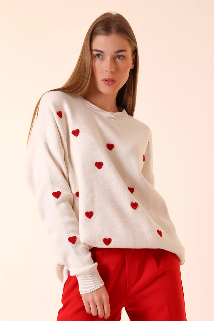 Ecru Bicycle Neck Heart Pattern Winter Knit Sweater BCVL-T243150 - Béziers