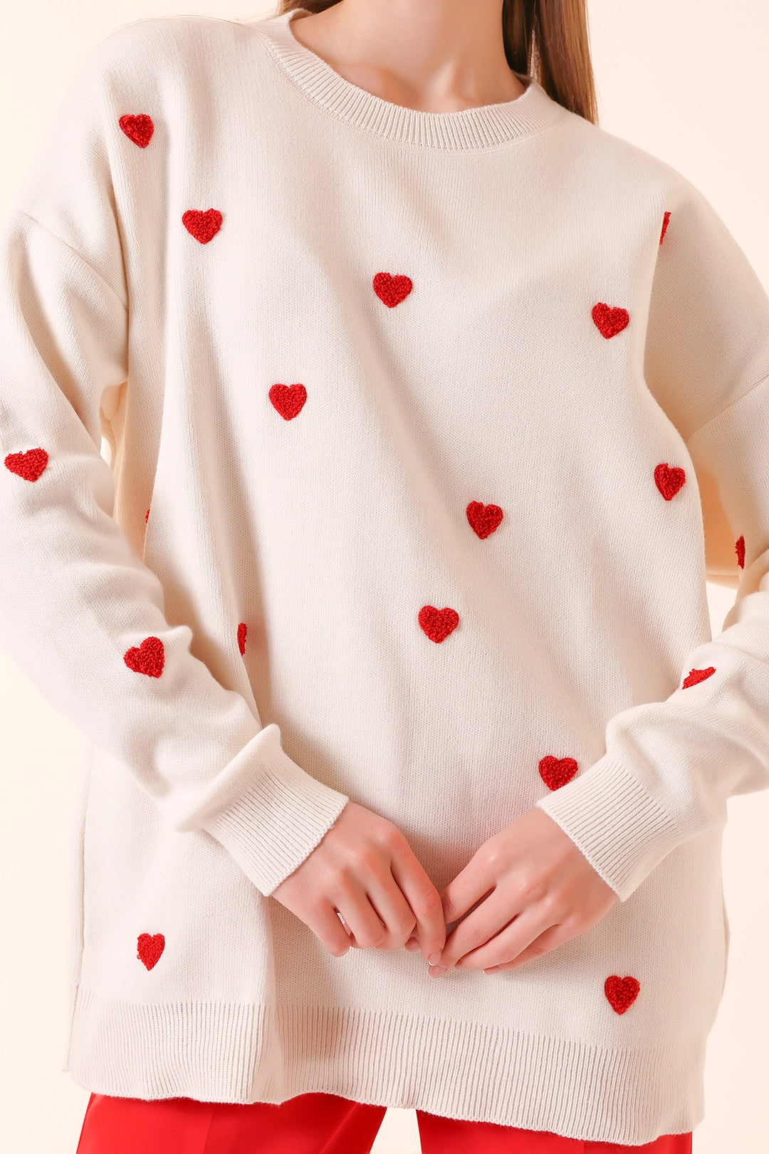 Ecru Bicycle Neck Heart Pattern Winter Knit Sweater BCVL-T243150 - Béziers