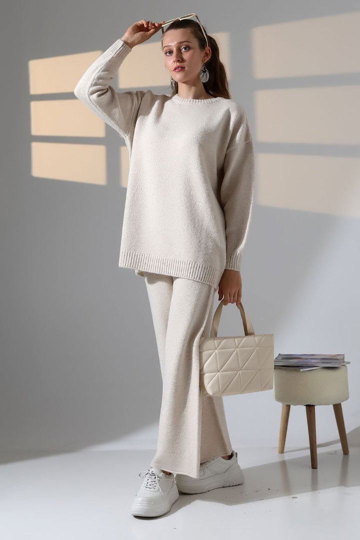 Ecru Bicycle Collar Sweater and Wide Leg Pants Top Bottom Knit Set BCES-252005 - Orlando