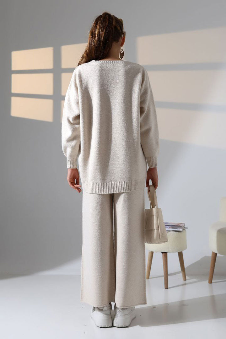 Ecru Bicycle Collar Sweater and Wide Leg Pants Top Bottom Knit Set BCES-252005 - Orlando