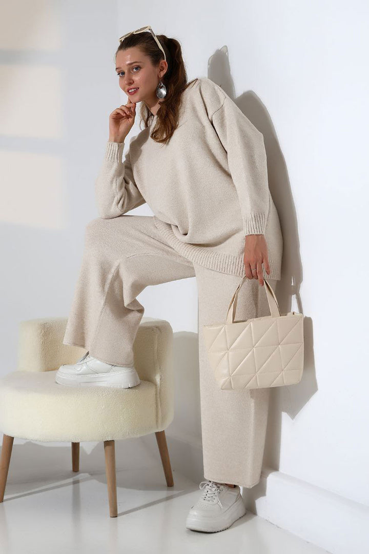 Ecru Bicycle Collar Sweater and Wide Leg Pants Top Bottom Knit Set BCES-252005 - Orlando