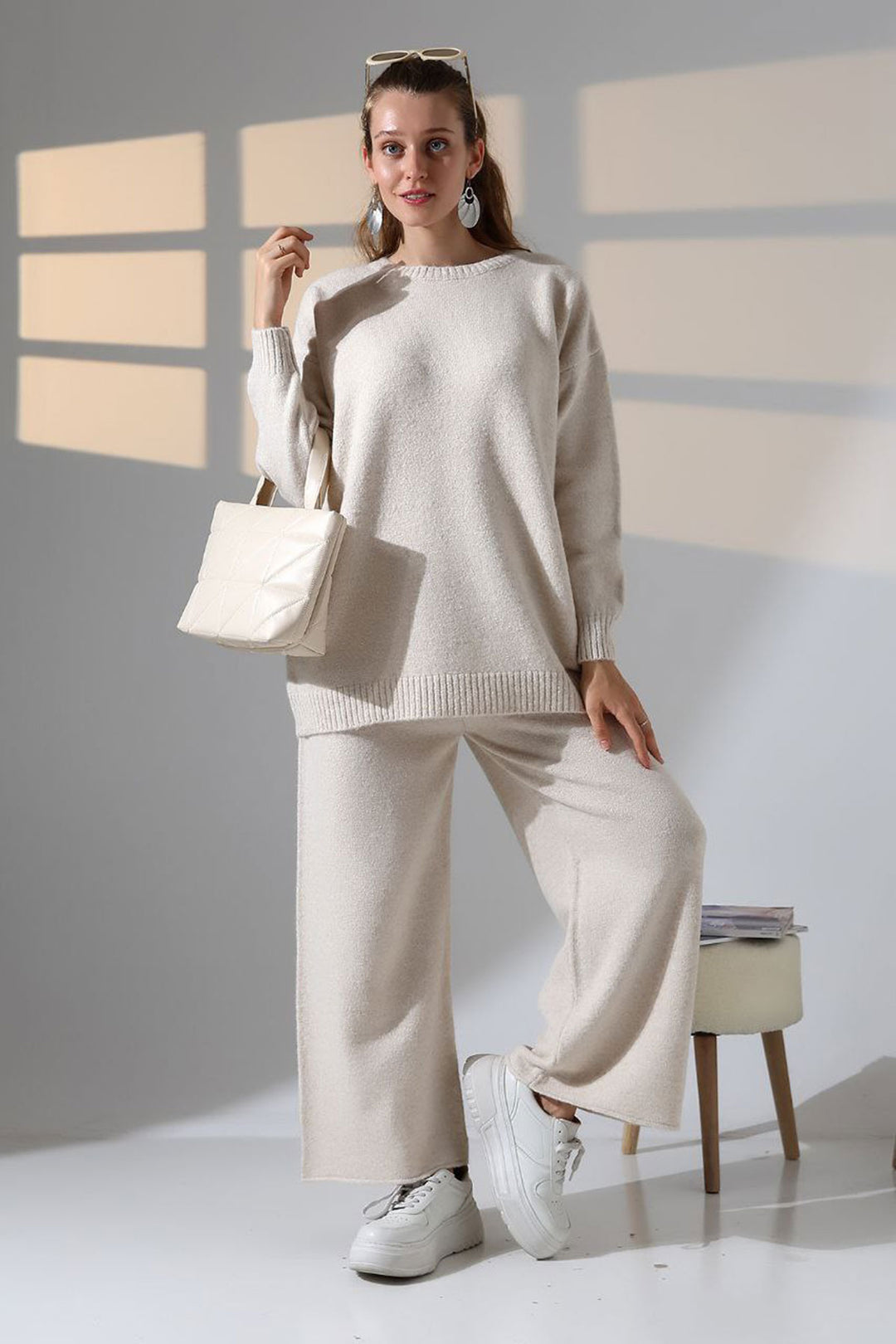 Ecru Bicycle Collar Sweater and Wide Leg Pants Top Bottom Knit Set BCES-252005 - Orlando