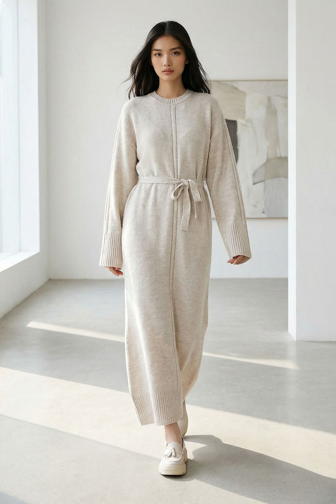Ecru Bicycle Collar Belted Long Knit Dress BCHPK-251242 - Kentwood