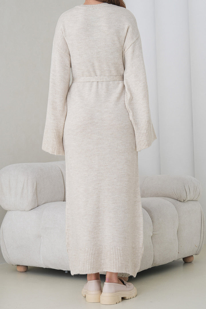 Ecru Bicycle Collar Belted Long Knit Dress BCHPK-251242 - Athens