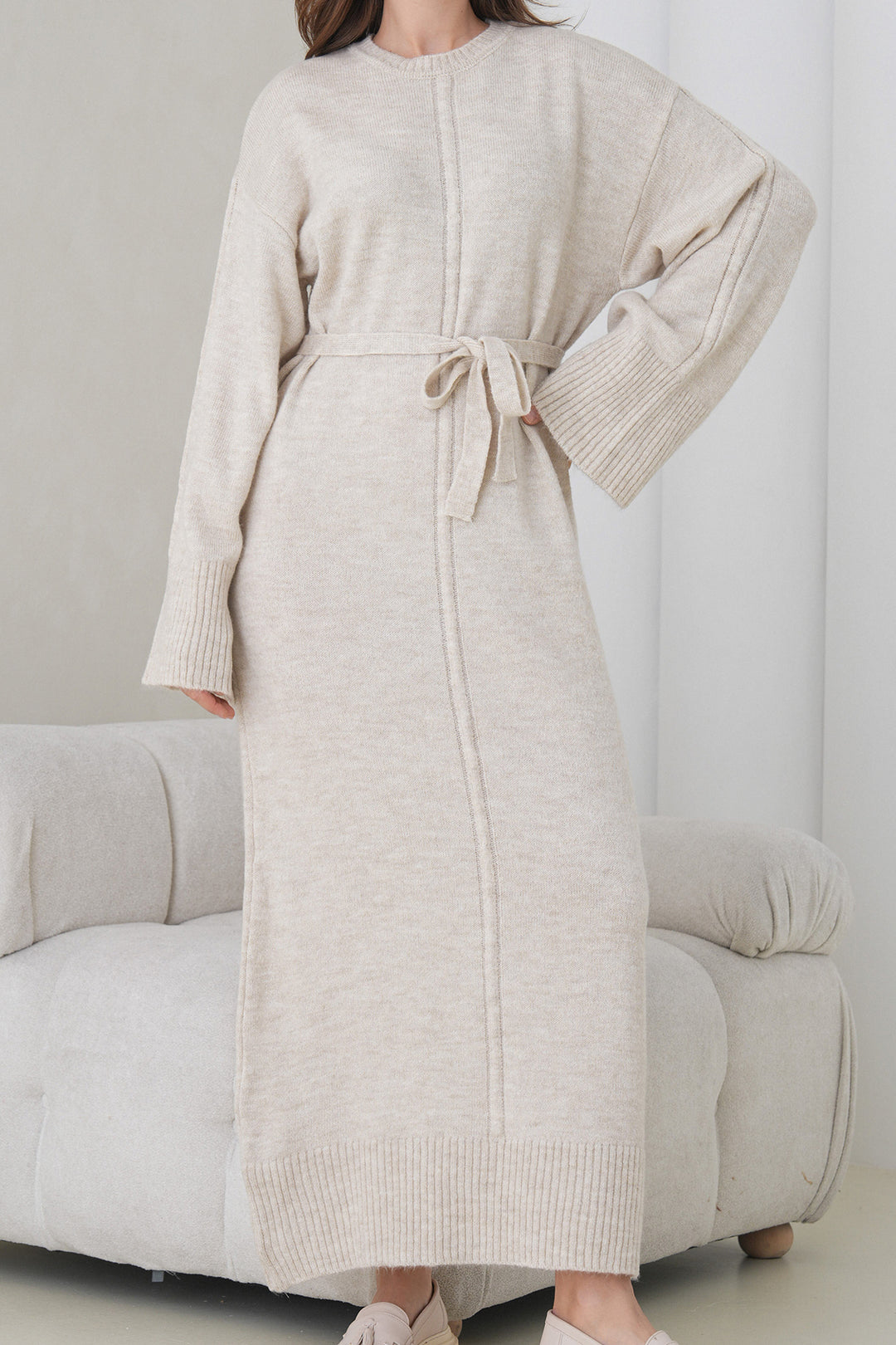 Ecru Bicycle Collar Belted Long Knit Dress BCHPK-251242 - Kentwood