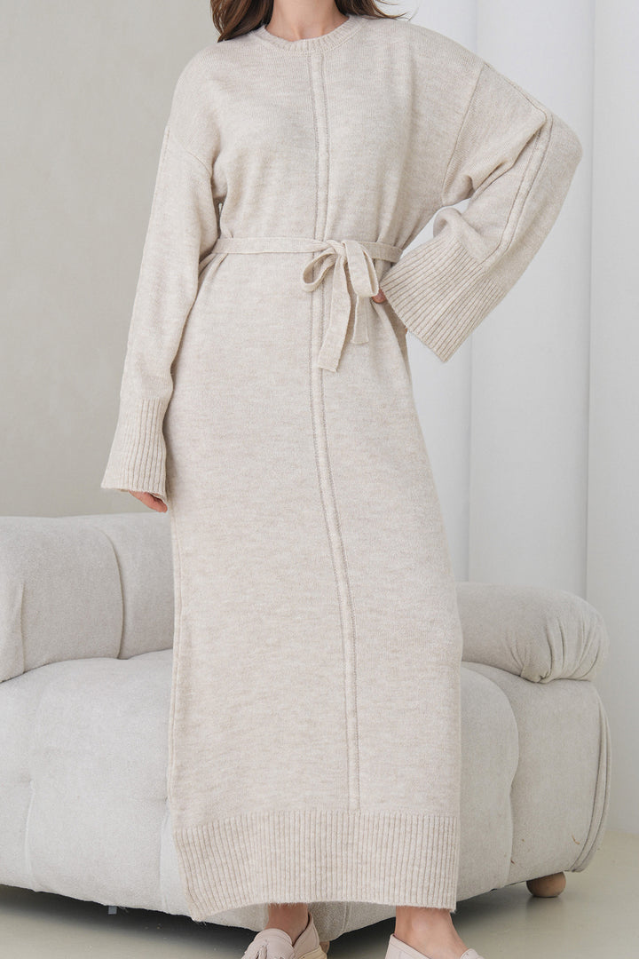 Ecru Bicycle Collar Belted Long Knit Dress BCHPK-251242 - Kentwood