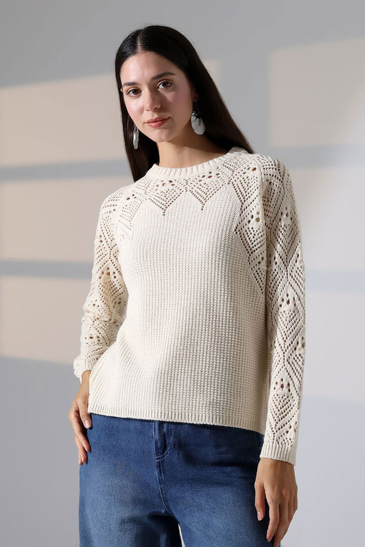 Ecru Bicycle Collar Motif Embroidered Knit Sweater BCES-252036 - Farmington Hills