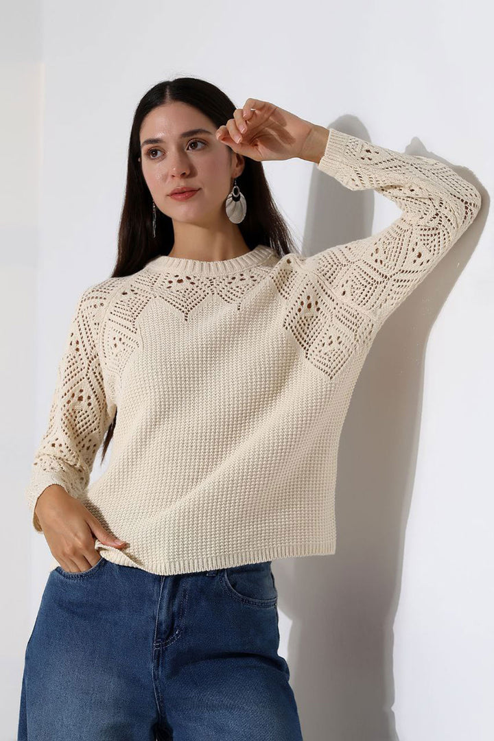 Ecru Bicycle Collar Motif Embroidered Knit Sweater BCES-252036 - Farmington Hills