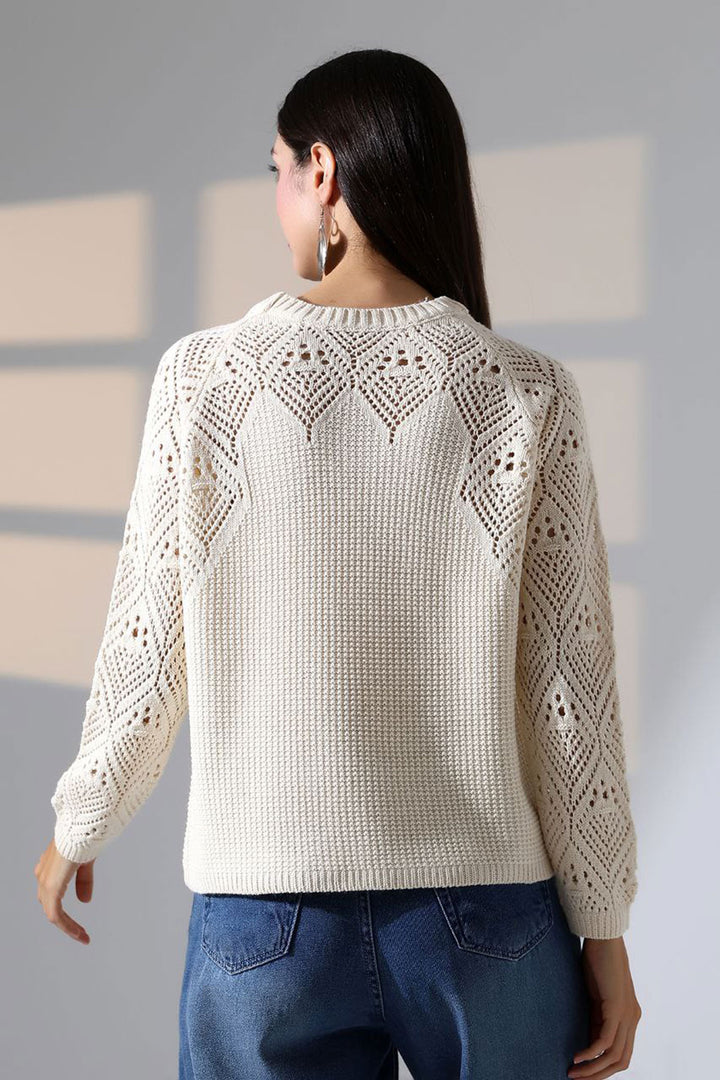 Ecru Bicycle Collar Motif Embroidered Knit Sweater BCES-252036 - Farmington Hills