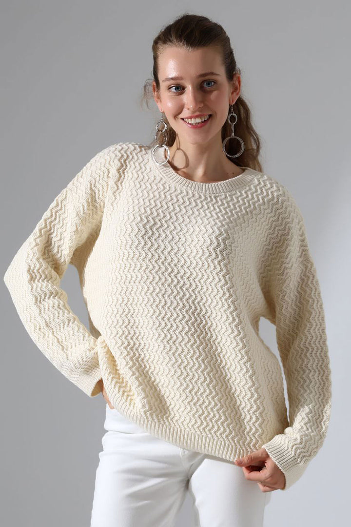 Ecru Bicycle Neck Waterway Patterned Sweater BCES-252008 - Farnborough