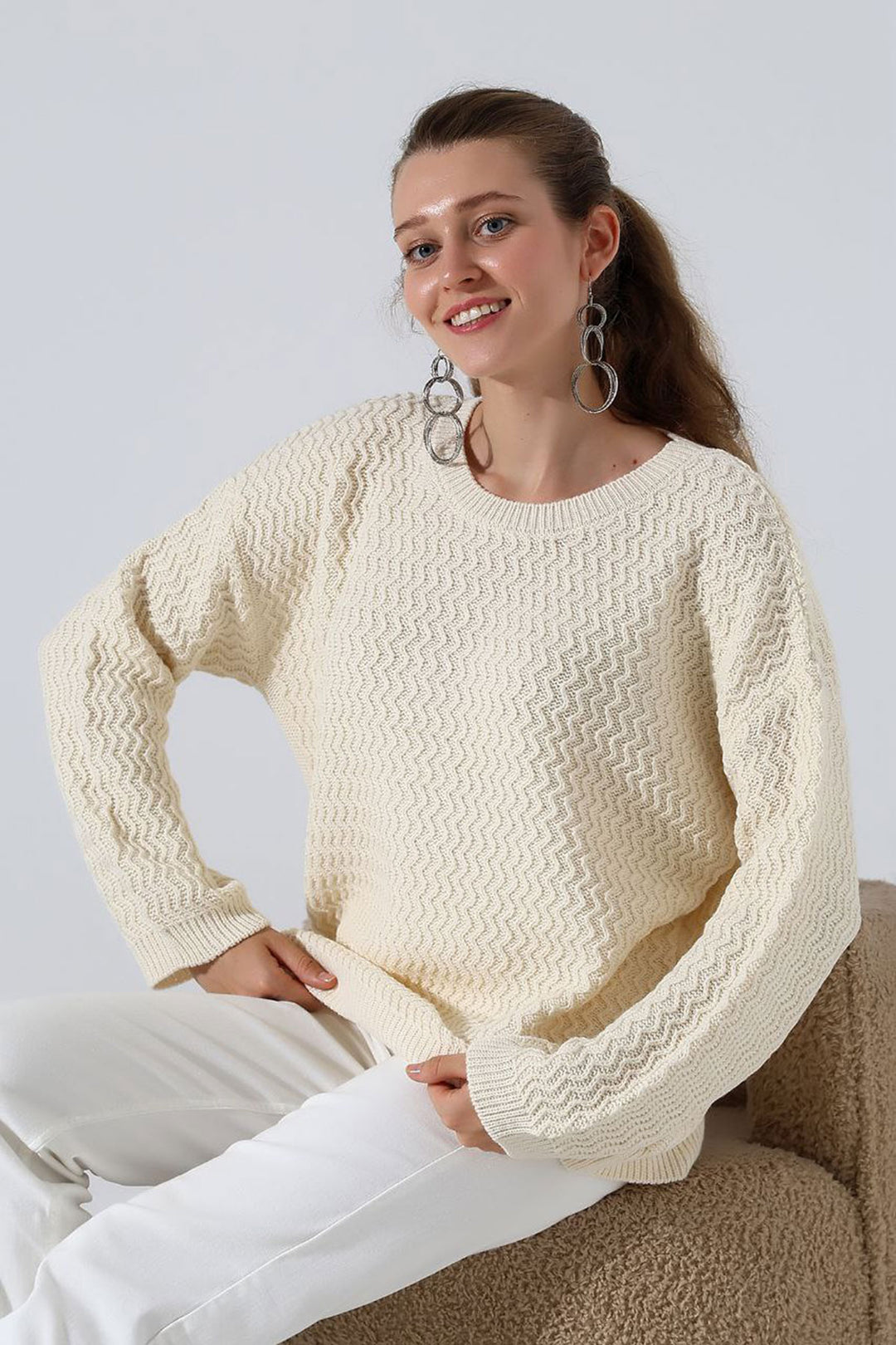 Ecru Bicycle Neck Waterway Patterned Sweater BCES-252008 - Farnborough