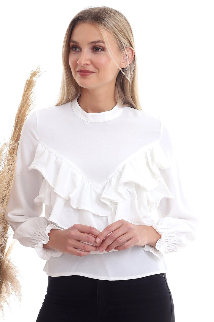 Ecru Bicycle Collar Ruffled Long Sleeve Woven Blouse CO-2520333355 - Chillum