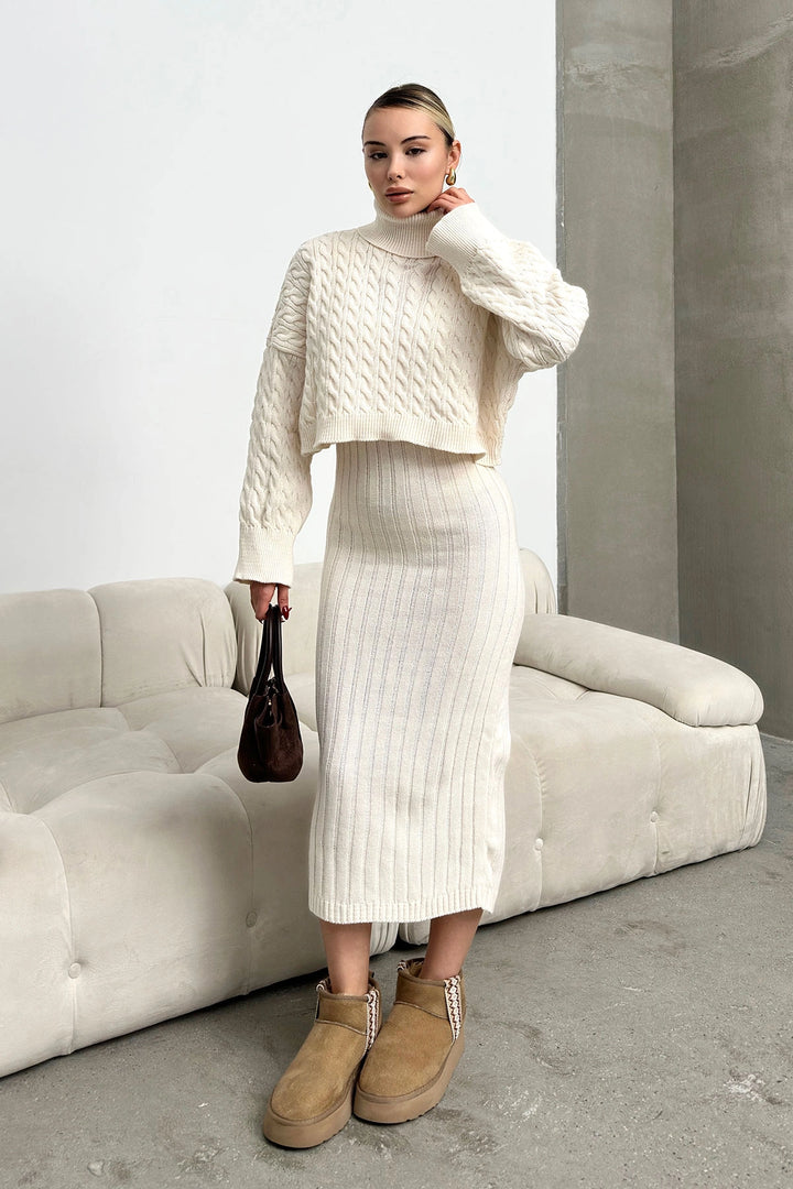 Ecru Turtleneck Knitted Crop Sweater and Dress Set with Cable Pattern BC231004 - Yucaipa