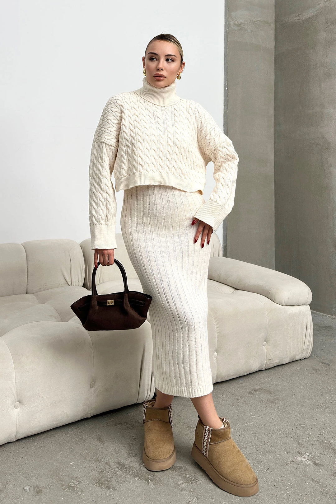 Ecru Turtleneck Knitted Crop Sweater and Dress Set with Cable Pattern BC231004 - Yucaipa