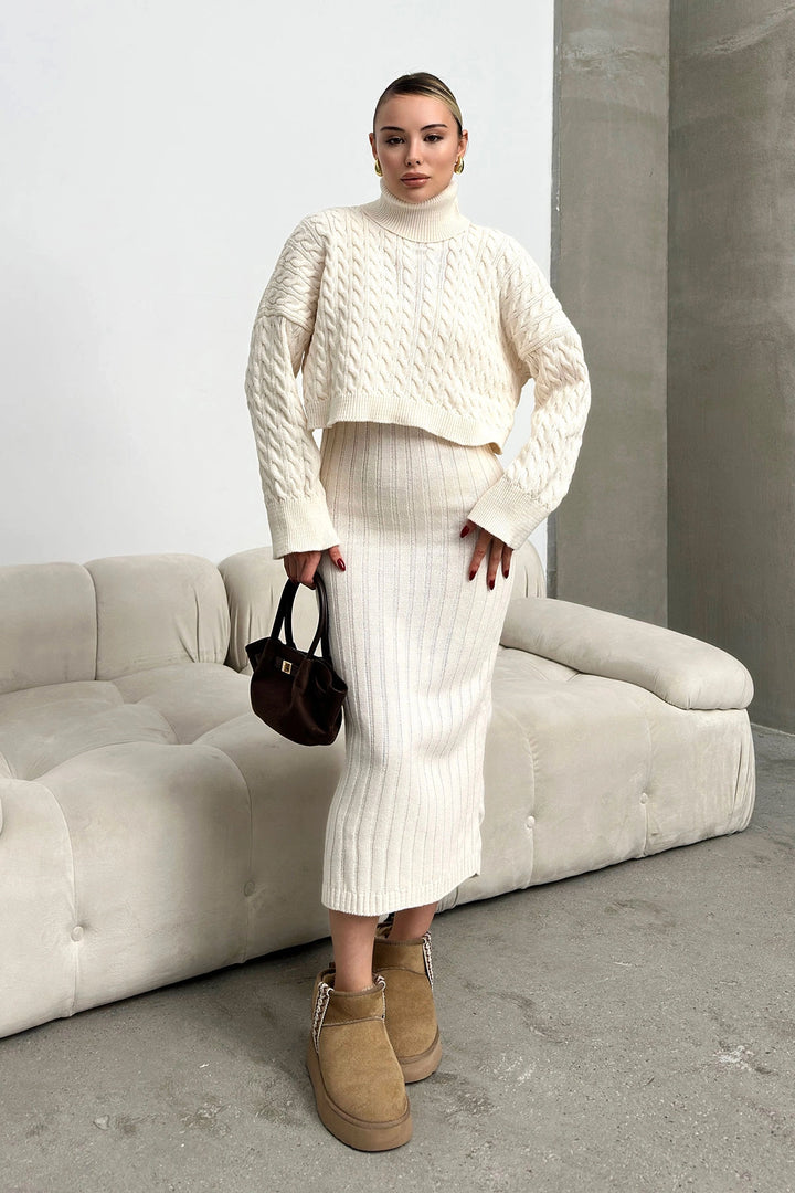Ecru Turtleneck Knitted Crop Sweater and Dress Set with Cable Pattern BC231004 - Yucaipa