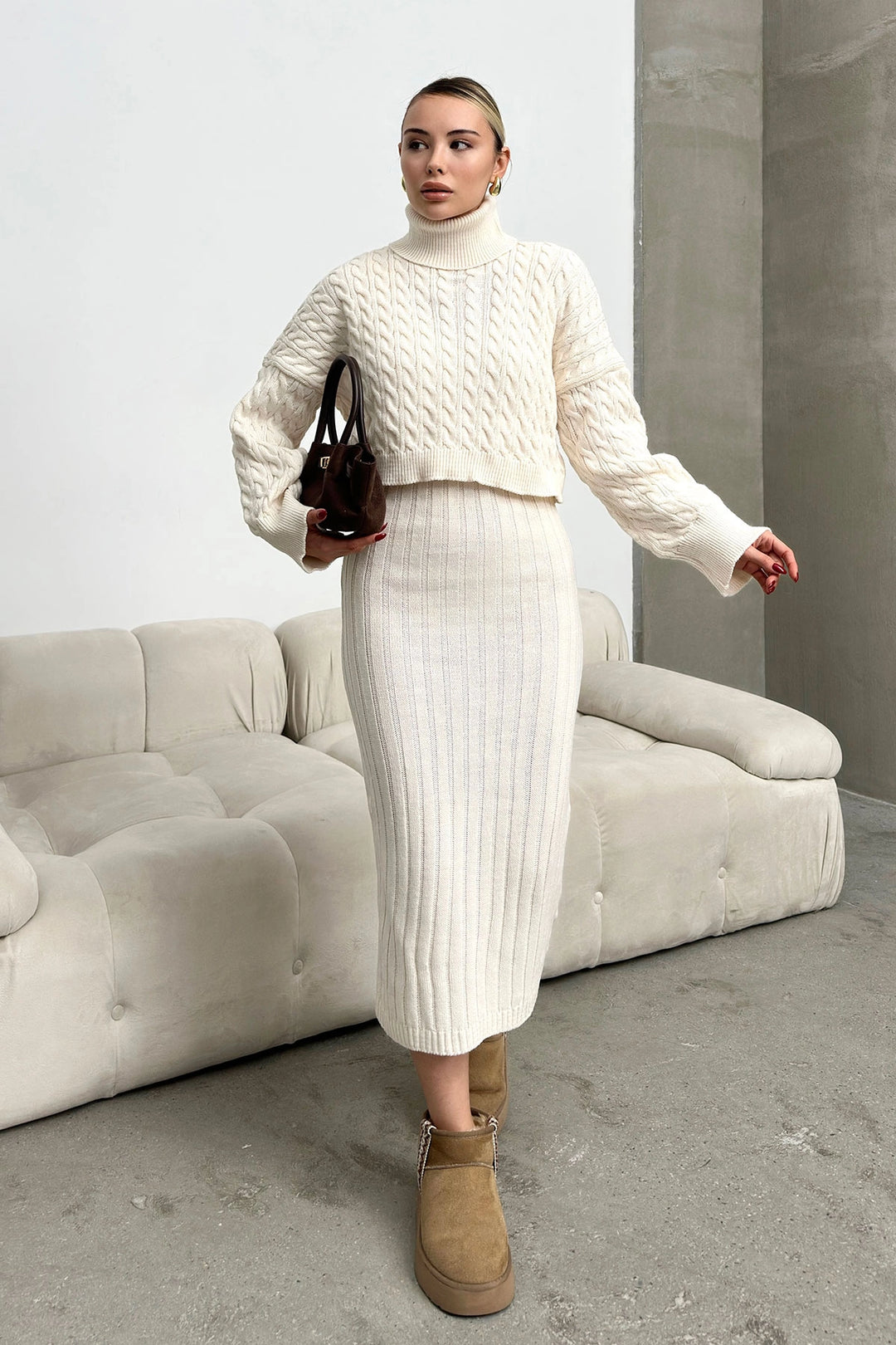 Ecru Turtleneck Knitted Crop Sweater and Dress Set with Cable Pattern BC231004 - Yucaipa