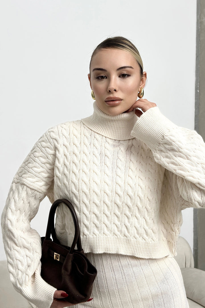 Ecru Turtleneck Knitted Crop Sweater and Dress Set with Cable Pattern BC231004 - Yucaipa