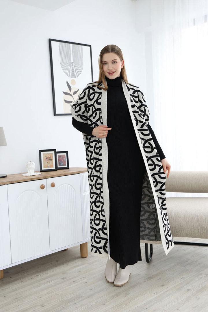 Ecru Turtleneck Knit Dress and Long Patterned Cardigan Set BCES-252040 - Dráma