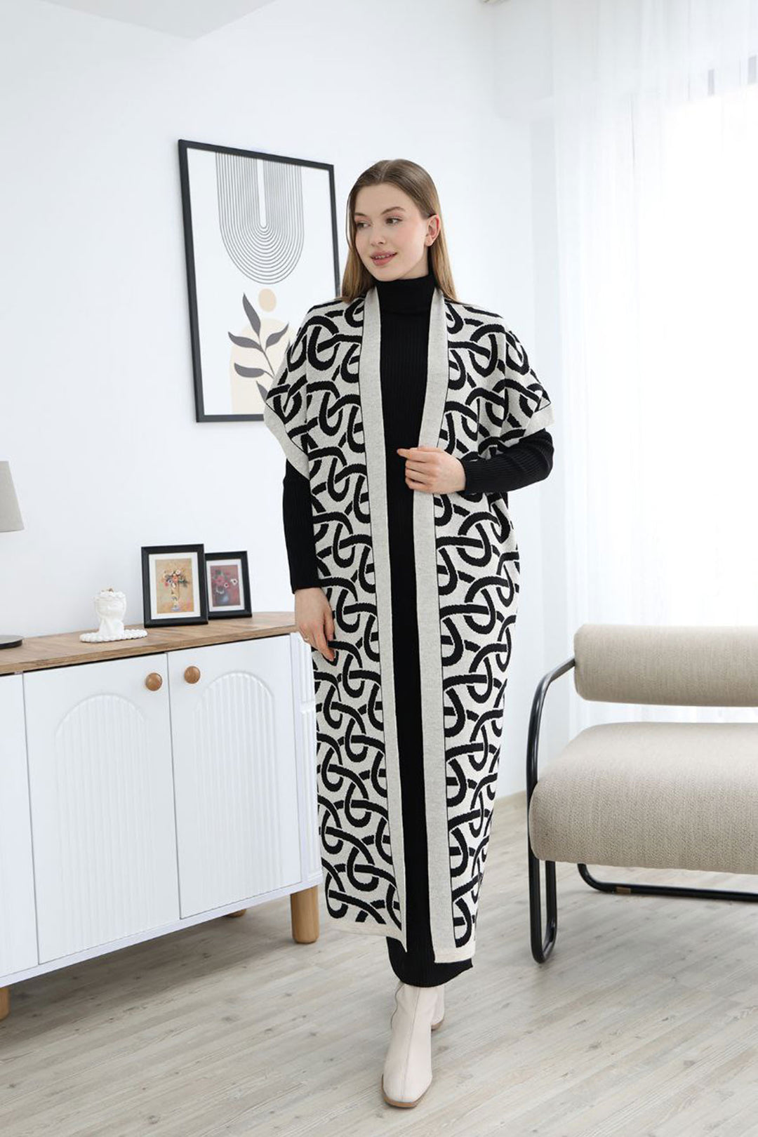 Ecru Turtleneck Knit Dress and Long Patterned Cardigan Set BCES-252040 - Dráma