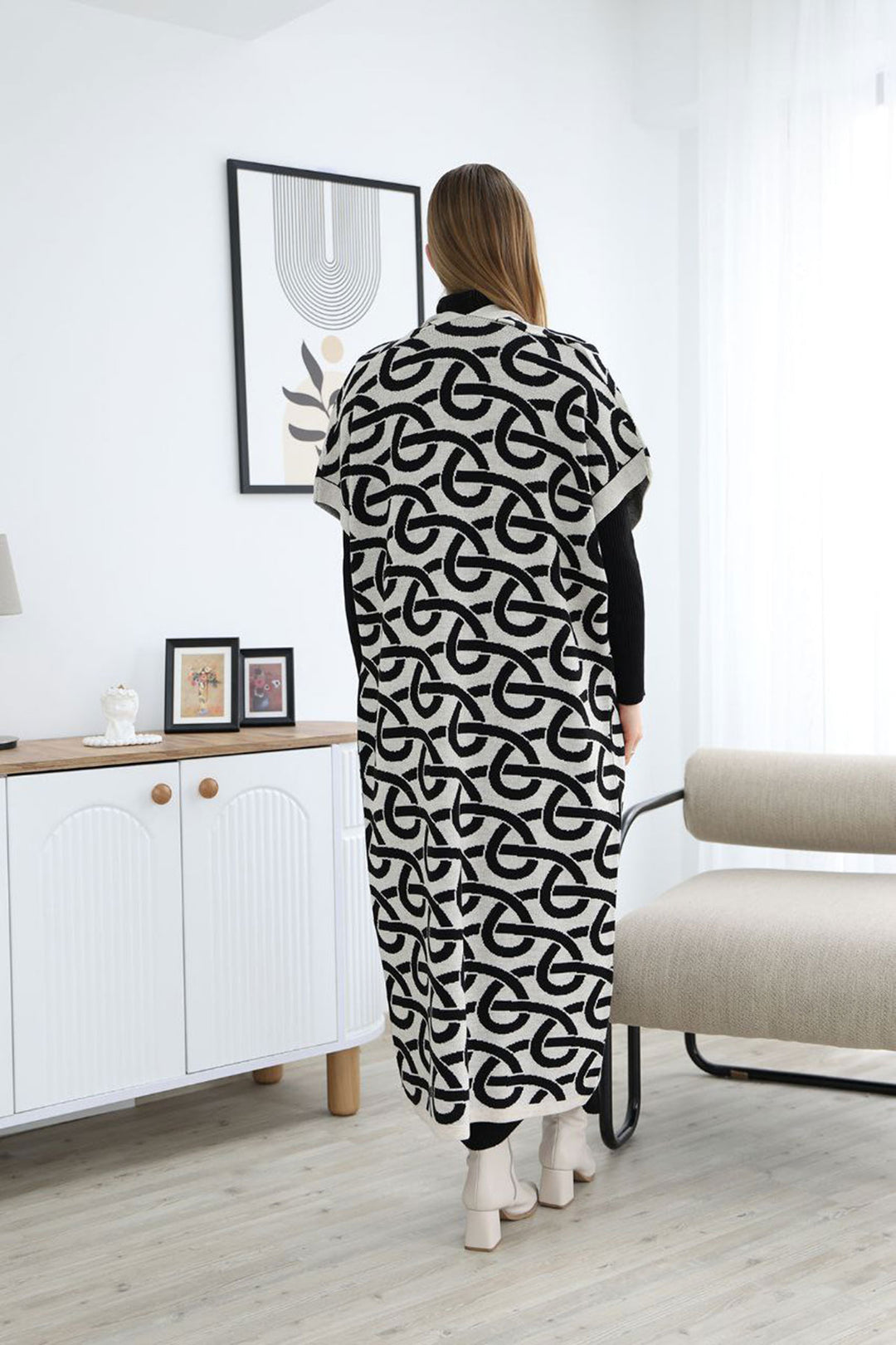 Ecru Turtleneck Knit Dress and Long Patterned Cardigan Set BCES-252040 - Dráma