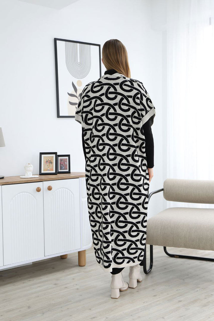 Ecru Turtleneck Knit Dress and Long Patterned Cardigan Set BCES-252040 - Dráma