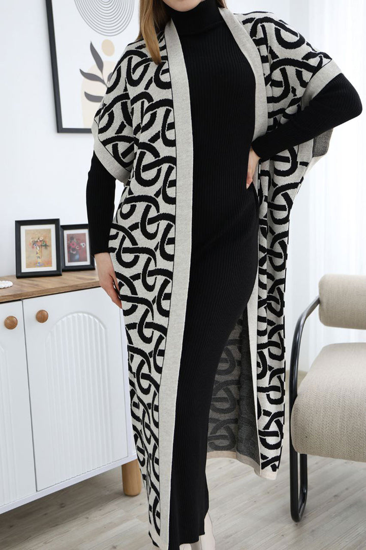 Ecru Turtleneck Knit Dress and Long Patterned Cardigan Set BCES-252040 - Dráma