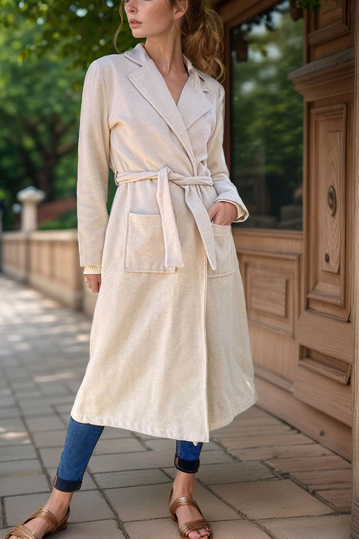 Ecru Jacket Collar Belted Pocketed Coat BCBSK-25700-3310 - Lawton