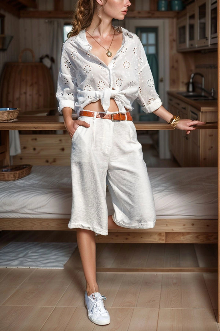 Ecru Pocketed Double Pleated Linen Bermuda Shorts BCBSK-25700-2912 - Shakhtarsk