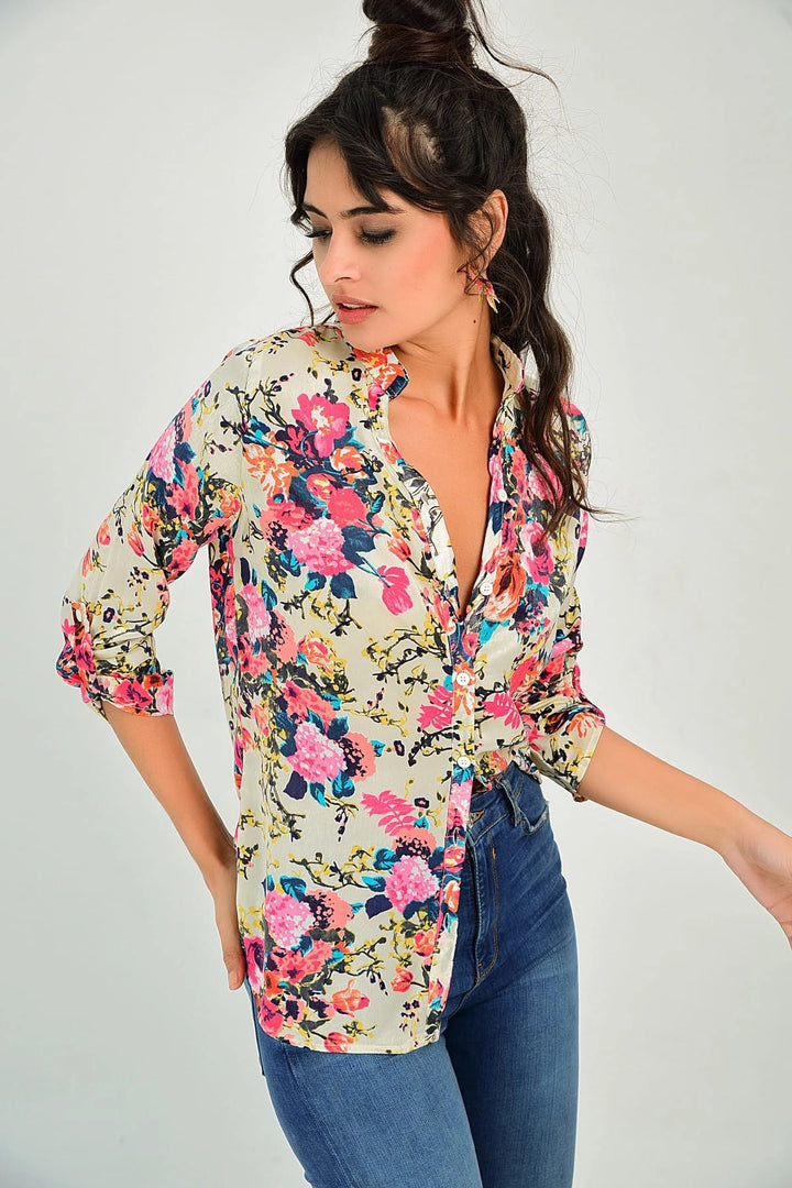 Ecru Flower Patterned Shirt BCBSK-25700-T4010710 - Palm Bay