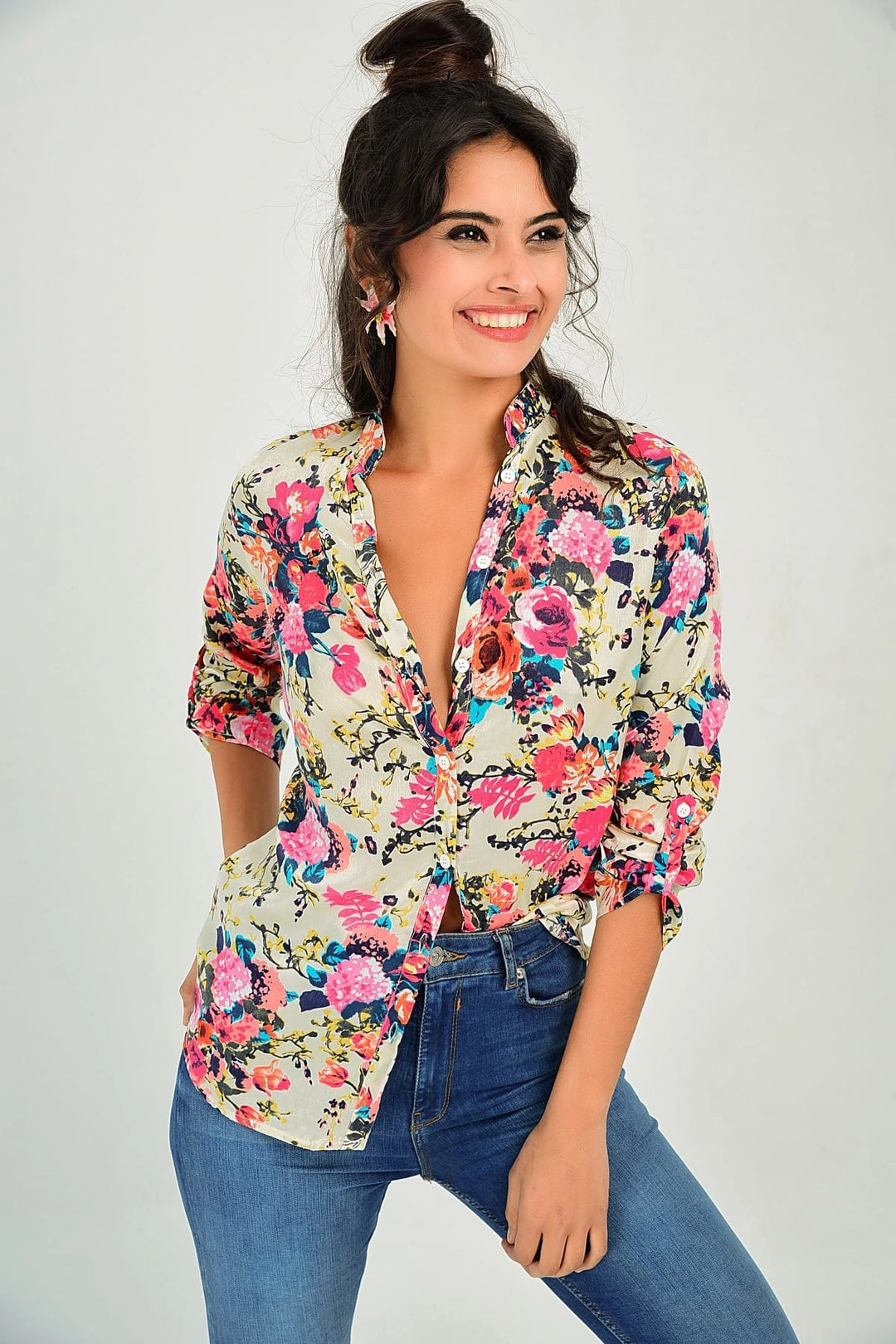 Ecru Flower Patterned Shirt BCBSK-25700-T4010710 - Palm Bay