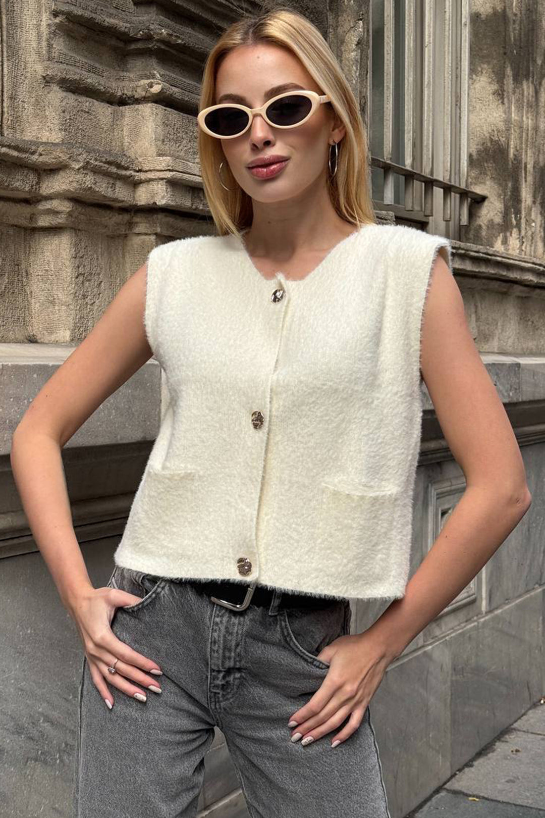 Ecru Double Pocket Gold Button Soft Vest Blouse BCHZCK-251262 - Glenrothes