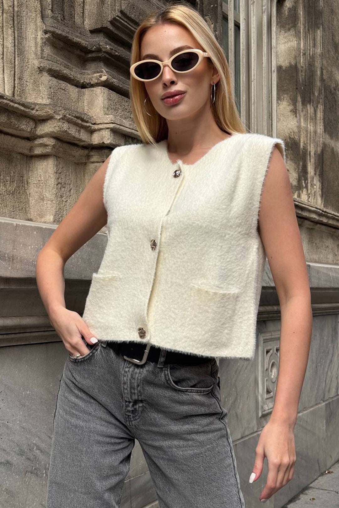 Ecru Double Pocket Gold Button Soft Vest Blouse BCHZCK-251262 - Glenrothes