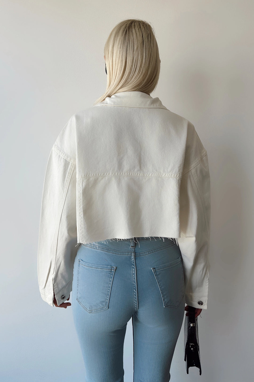 Ecru Double Pocket Laser Cut Washed Crop Denim Jacket BCDF-235408 - Gllogovc