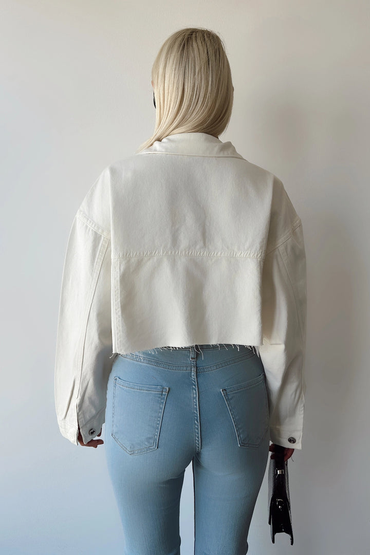 Ecru Double Pocket Laser Cut Washed Crop Denim Jacket BCDF-235408 - Gllogovc