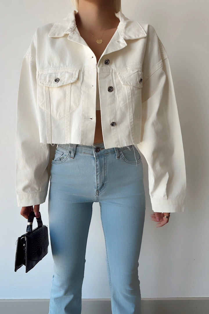 Ecru Double Pocket Laser Cut Washed Crop Denim Jacket BCDF-235408 - Gllogovc