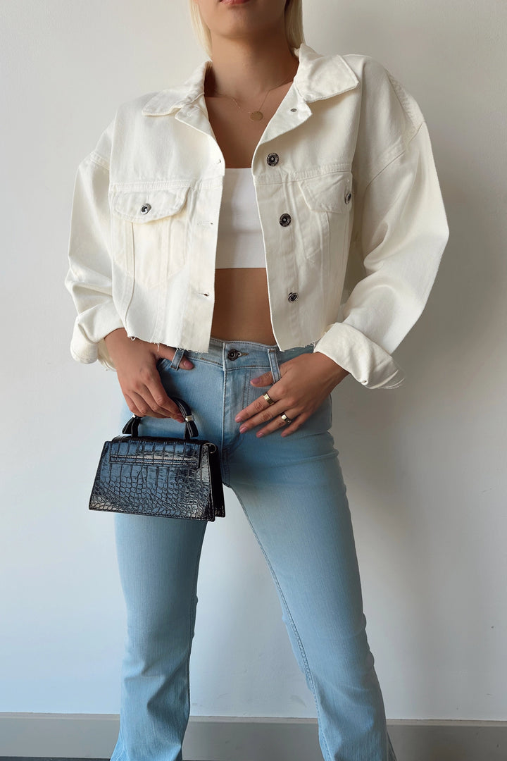 Ecru Double Pocket Laser Cut Washed Crop Denim Jacket BCDF-235408 - Gllogovc