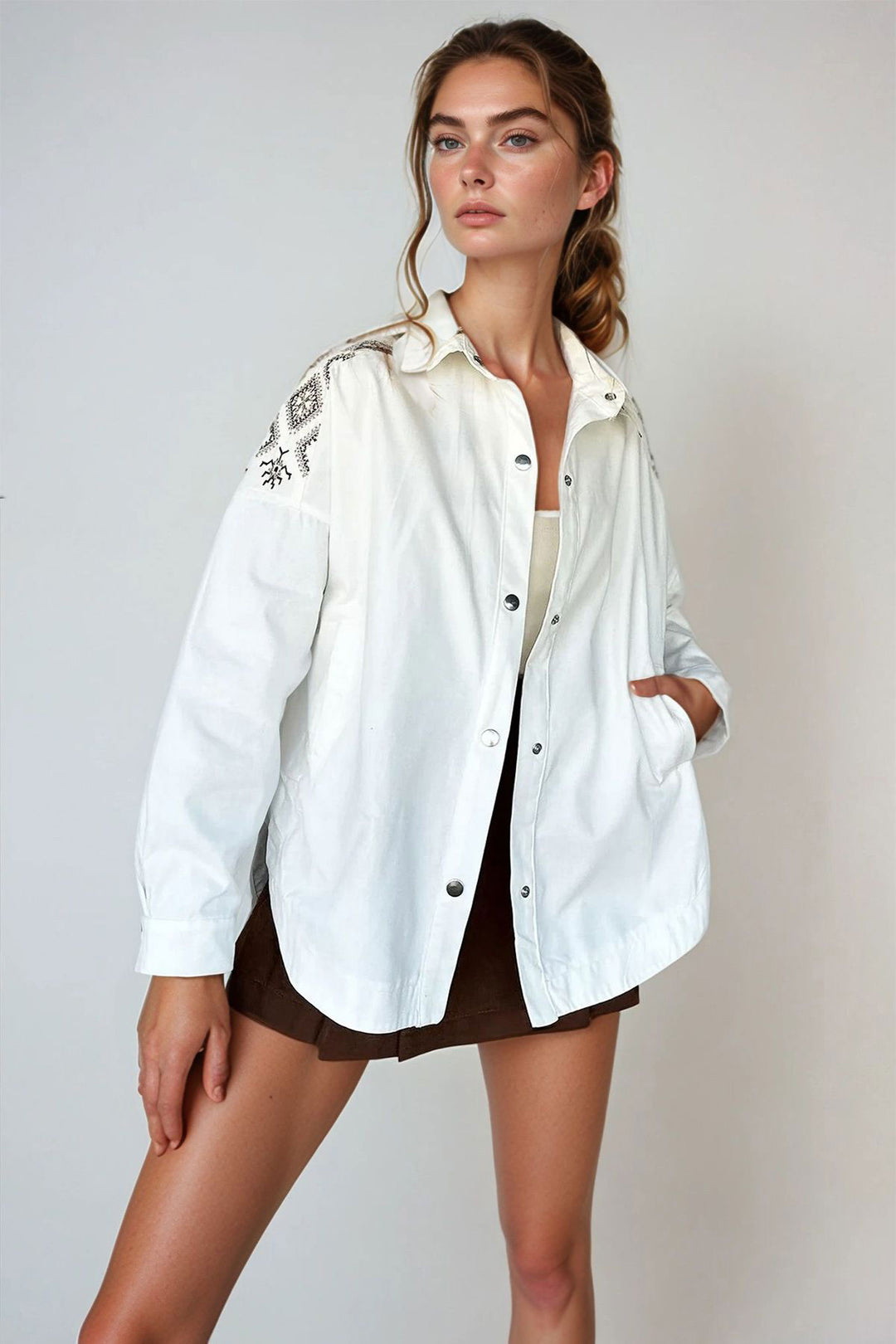 Ecru Double Pocket Oversized Gabardine Jacket with Embroidered Shoulders and Back Snap Closure BCHESQ-251020 - Wildomar