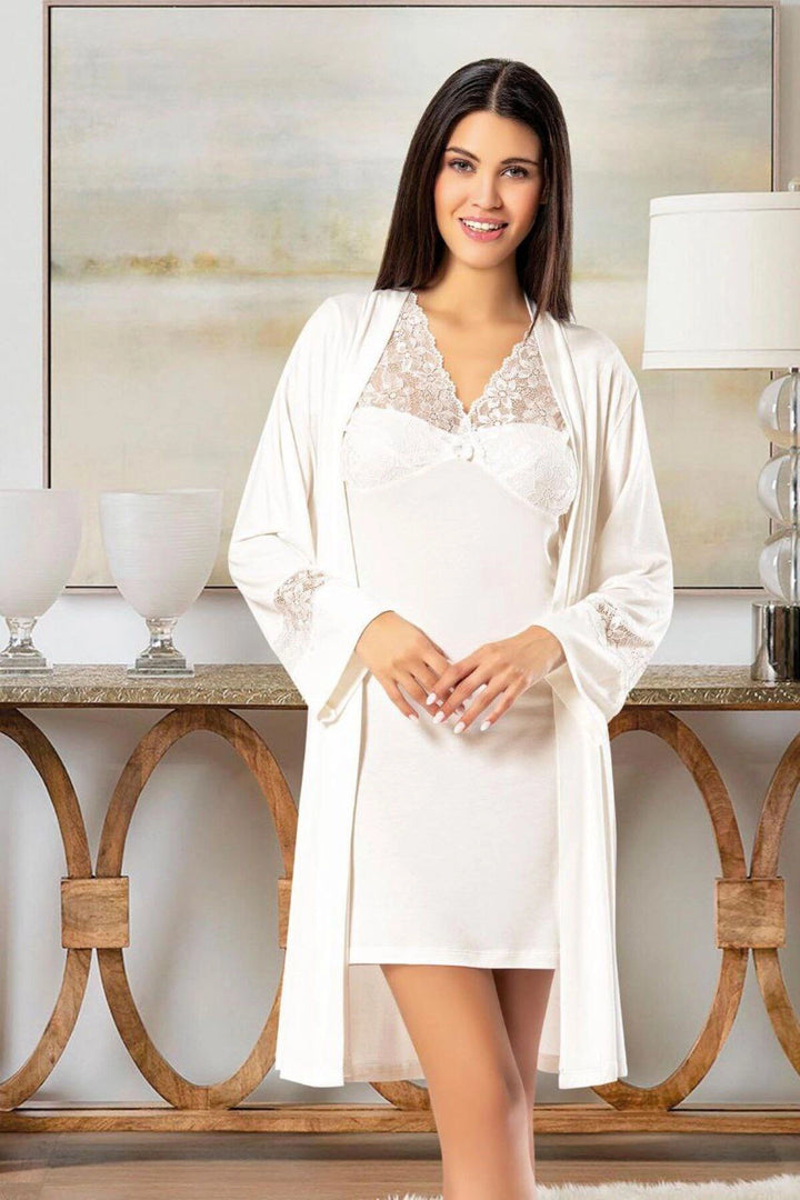 Ecru Nightgown and Robe Set with Lace Detail BCAN-256020FA - Castro Valley
