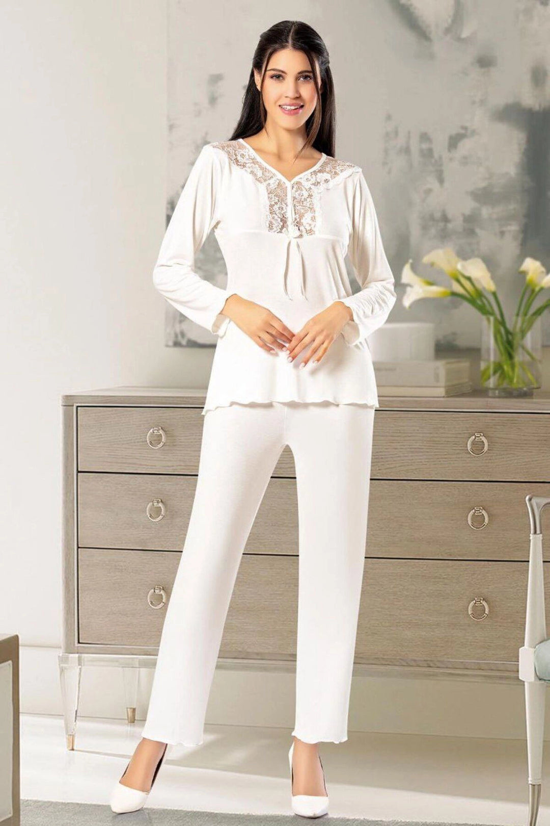Ecru Lace Detailed Pajama Set BCAN-258611FA - Maia